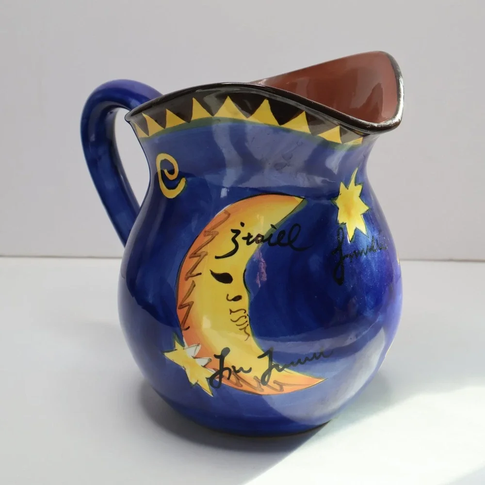 Hausenware Celestial Sun Moon Pitcher Blue Ceramic Soleil Etoile‎ 8 Inch